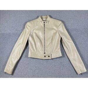 Armani Collezioni Leather Jacket Women Cream Smocked Waist Cropped Size 2